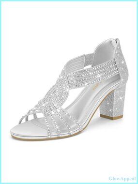 Women's Low Block Heel Sandals Rhinestone Open Toe Ankle Strap Zip